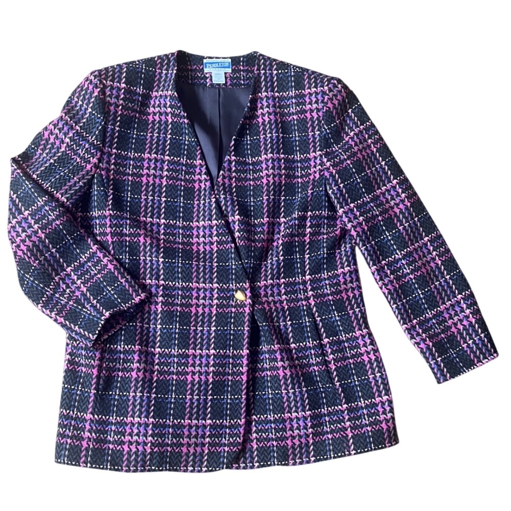Pendleton Classic Vintage Wool Plaid Blazer Pink Purple Collarless Jacket Sz 14